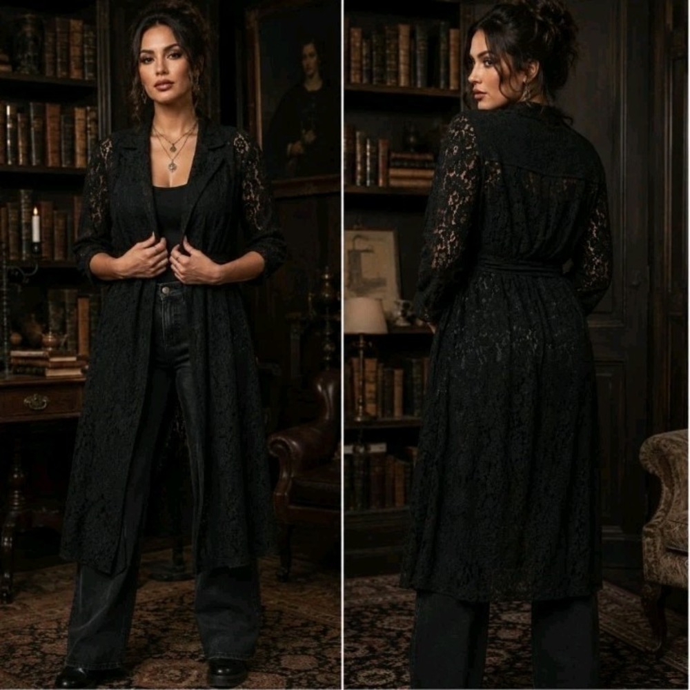 Torrid Lace Trench Coat 5X Black Belted Tie Waist Whimsigoth Dark Academia NWT